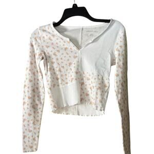 White Floral Patchwork Long Sleeve Y2K Aesthetic Ribbed Knit Lettuce Hem
